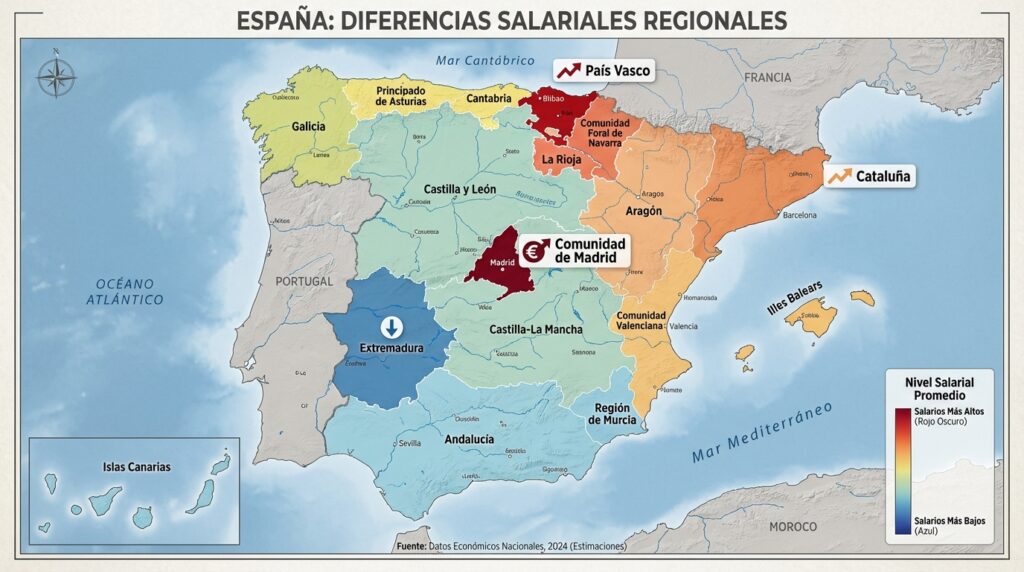 Map of Spain showing regional differences in salaries: the Basque Country, Madrid and Catalonia highlighted as the regions with the highest pay