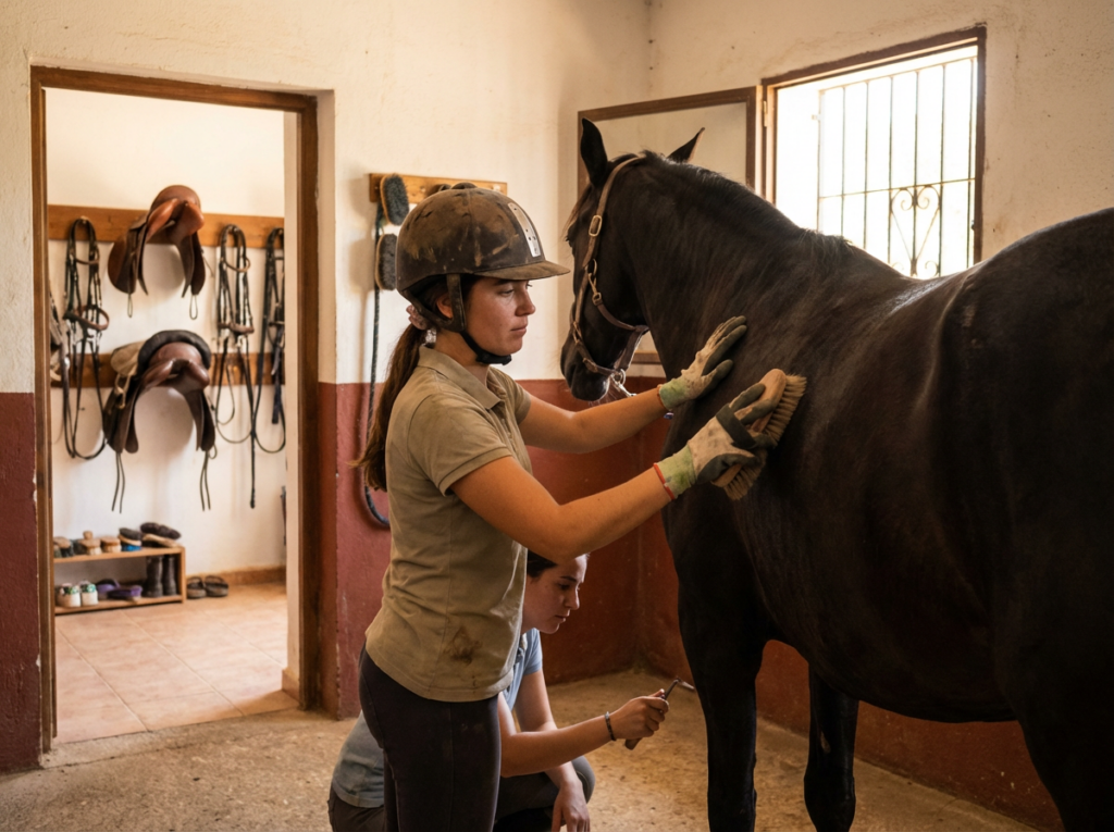 A stable worker grooming a horse in its stall