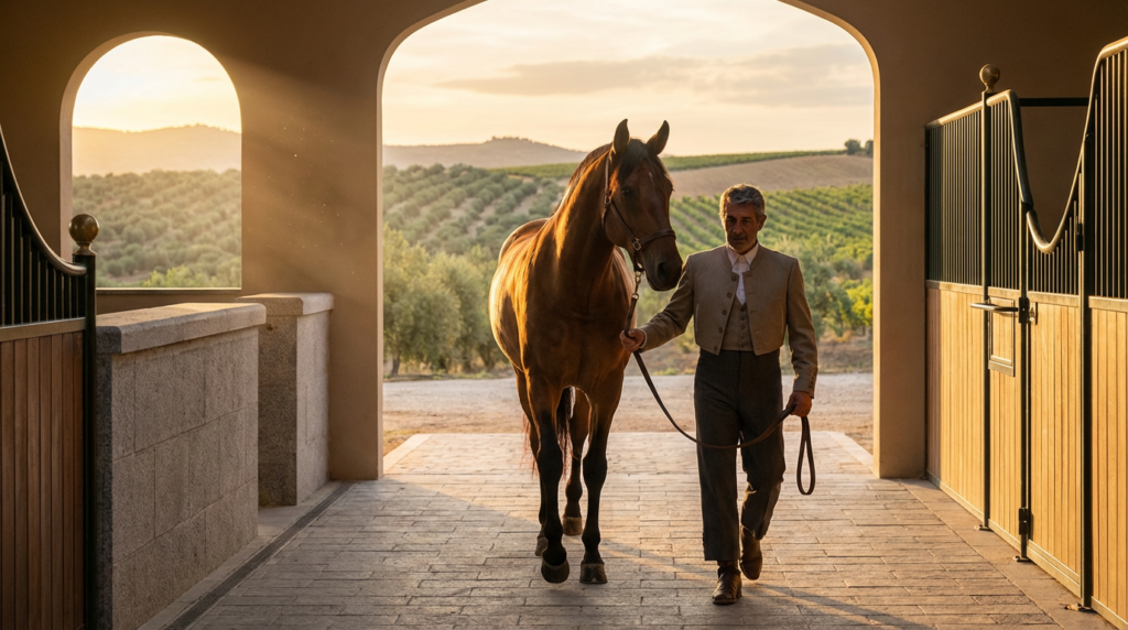 A stable hand leading a horse out of the stable at sunset
