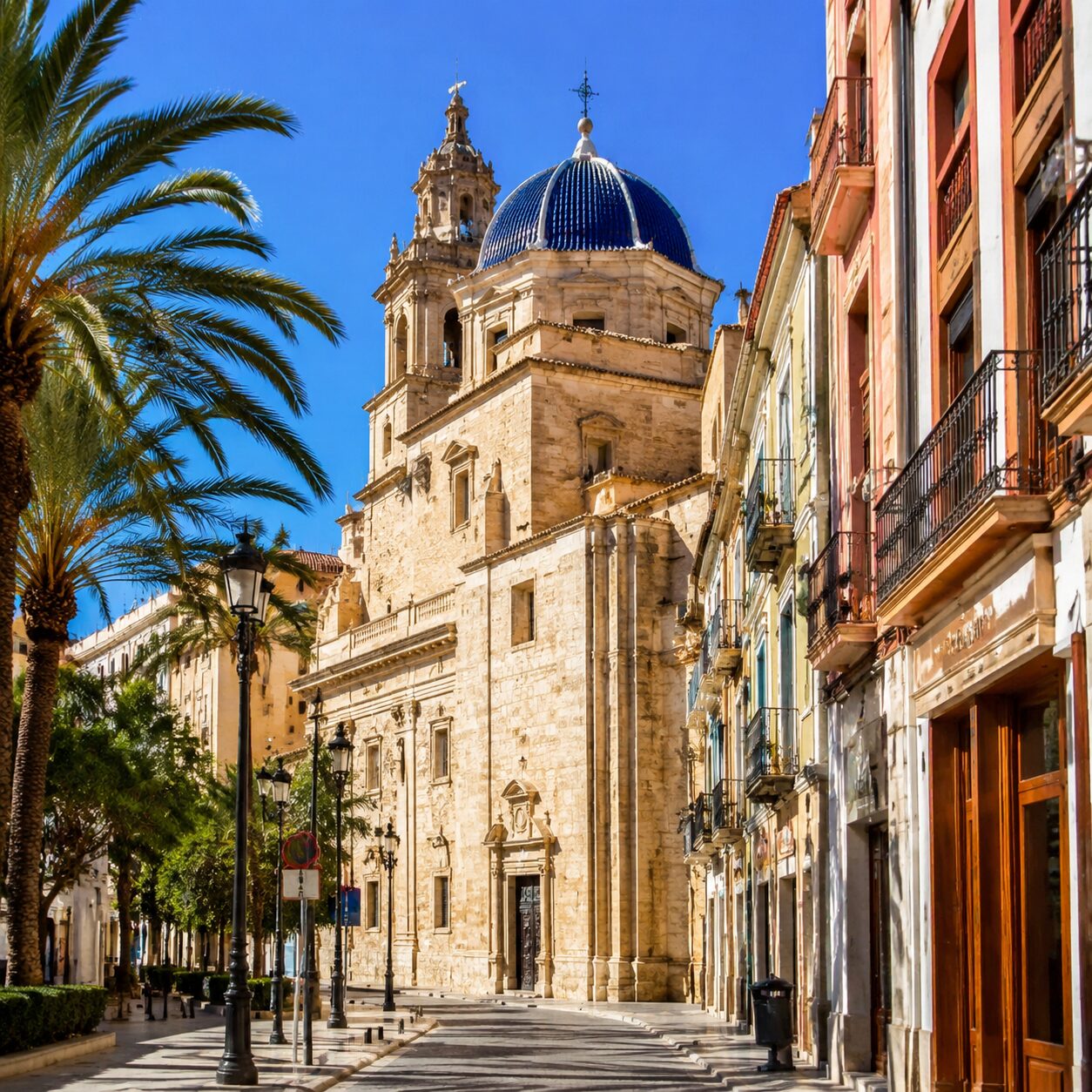 The Basilica of Santa María in Elche with its blue dome among the palms