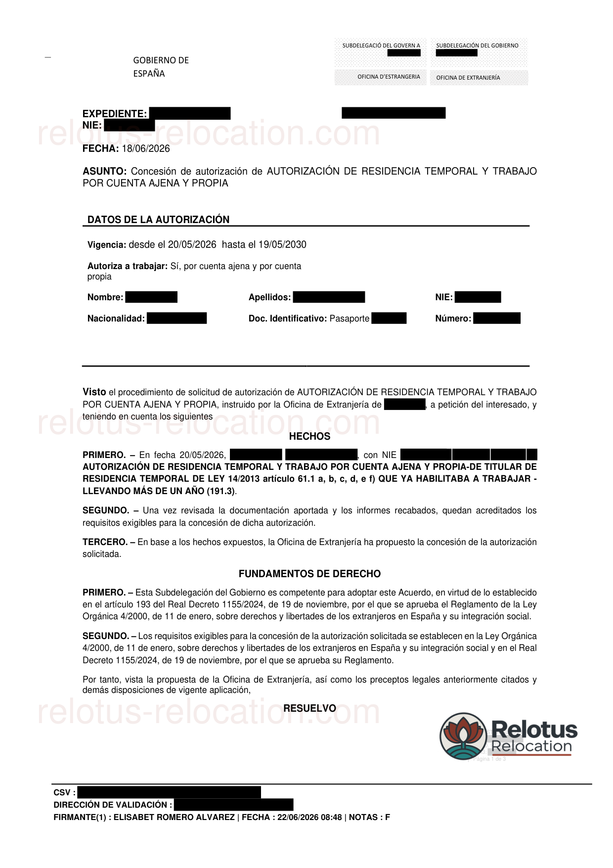 Решение экстранхерии об одобрении модификации из режима закона 14/2013 в разрешение на работу по найму и на себя, статья 191.3