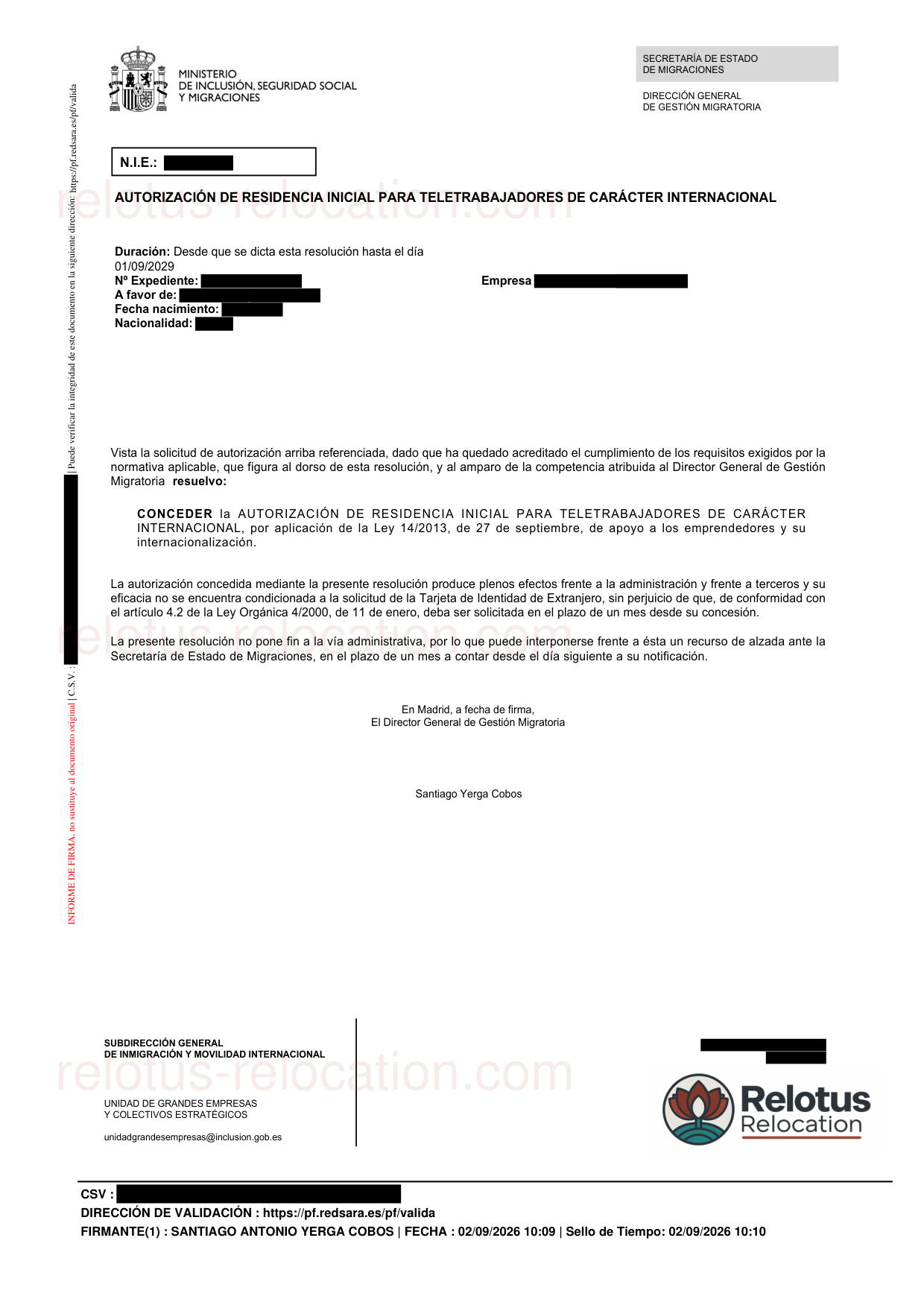 UGE decision granting a Spanish digital nomad residence permit, September 2026
