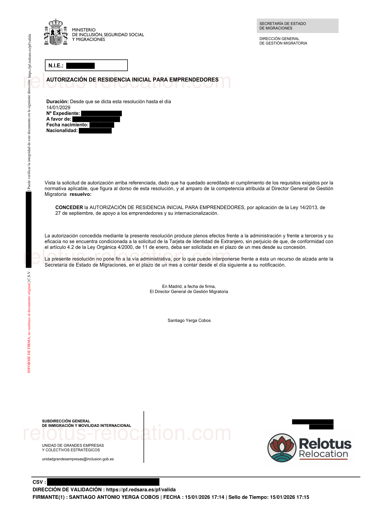 UGE decision granting a Spanish start-up visa, January 2026