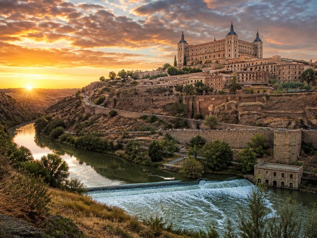 Толедо на закате: Алькасар на холме над рекой Тахо